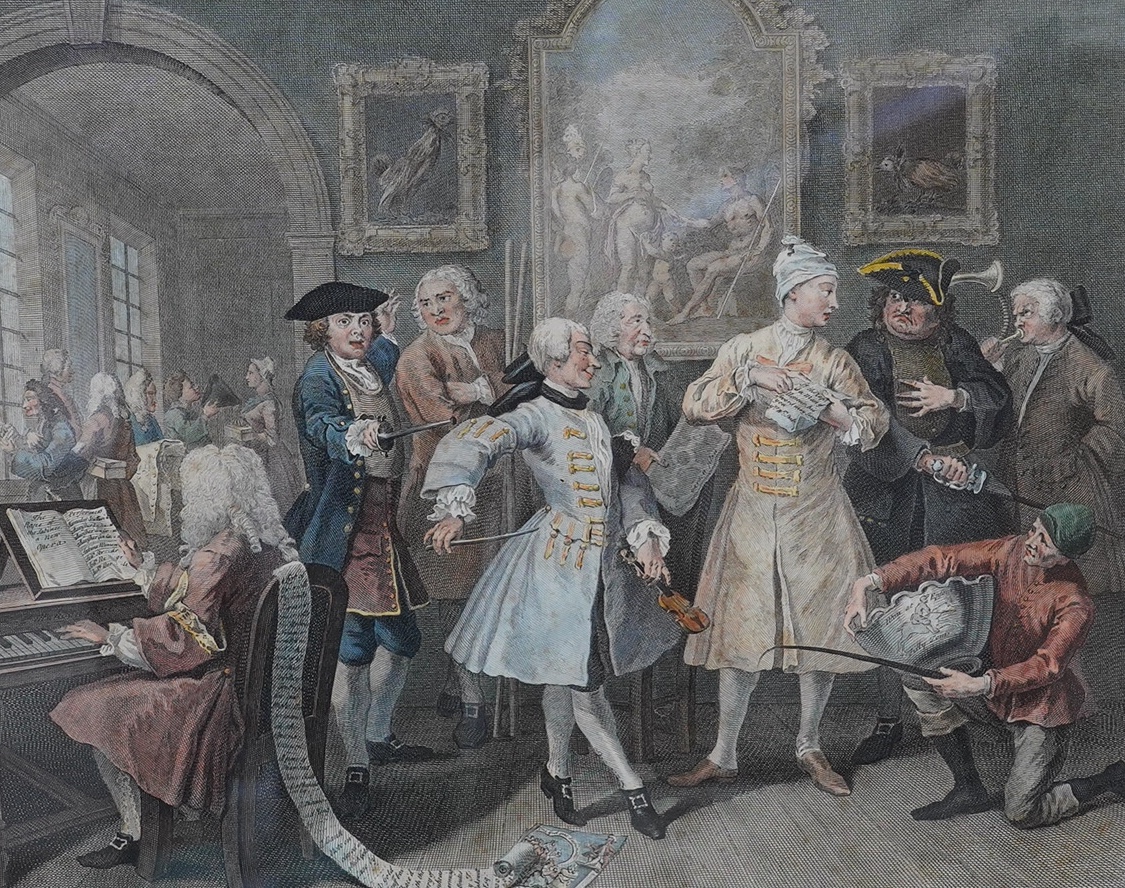 After William Hogarth (1697-1764), Eight satirical hand coloured engravings, ‘The Rakes Progress’, published June 25th 1735, largest 36 x 41cm. Condition - poor, fair, foxing throughout